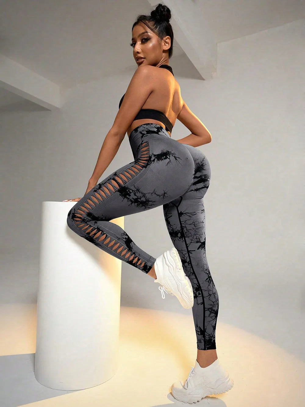 Women Tie Dye Hollow Out Leggings Sports Yoga Pants Fitness Sportswear