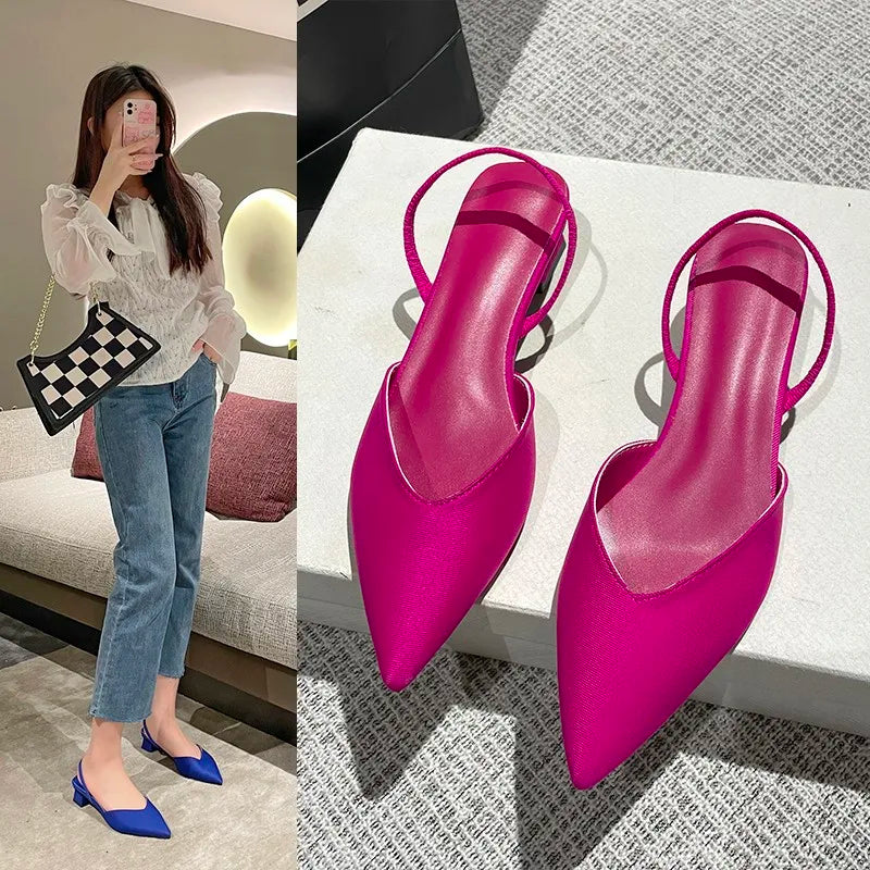 New Brand Women Sandal Shoes Thin Low Heel 4cm Pumps Dress Shoes Ladies Fashion Pointed Toe Shallow Slingback Mules 2023