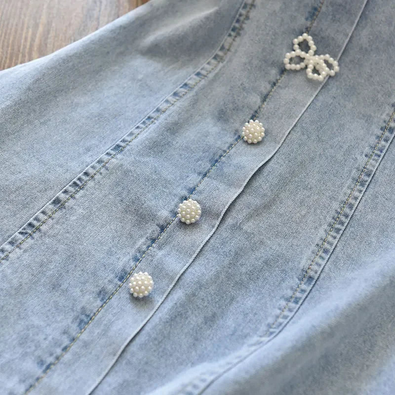 Children Girls Beads Lace Sleeve Denim  Dress Toddler  Fashion