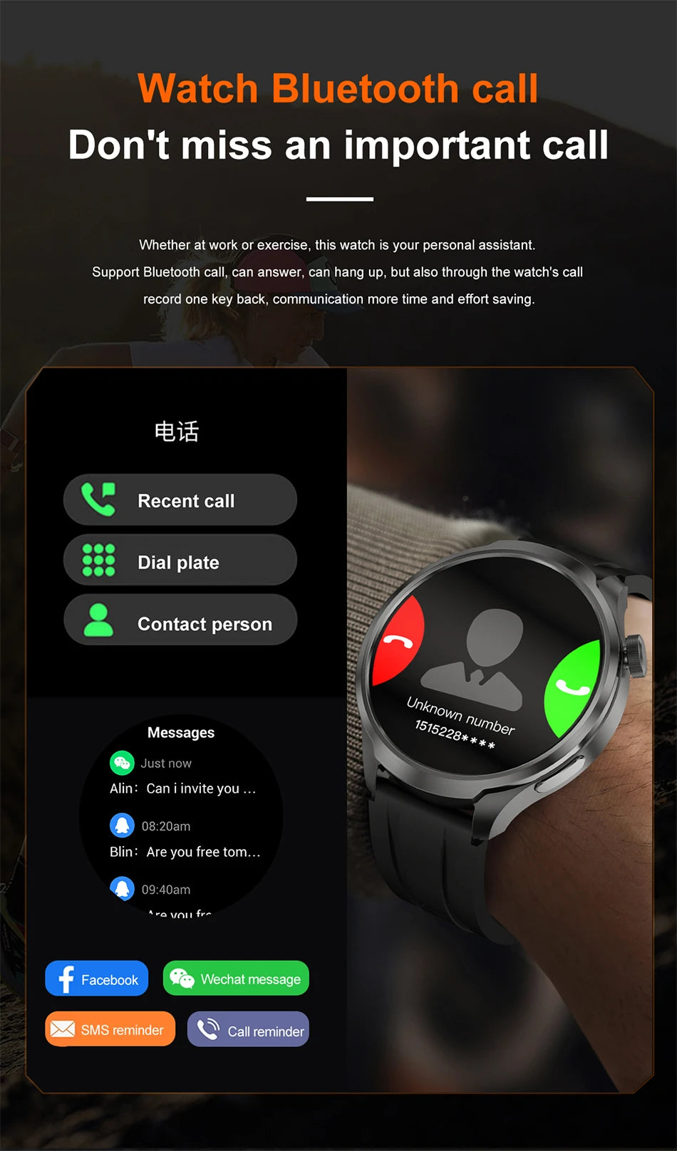 BOXUXING 1.85-inch Smart Watch Men Sport Waterproof Fitness Heart Rate Watches Compass GPS Track NFC Bluetooth Call Smartwatch