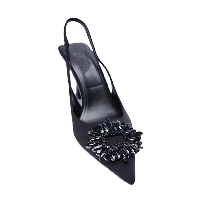 TRAF Black Women Pumps Shoes 2024 Fashion Rhinestone High Heels Female Sandals Stiletto Pointed Toe Weddings Bridal Shoes Lady