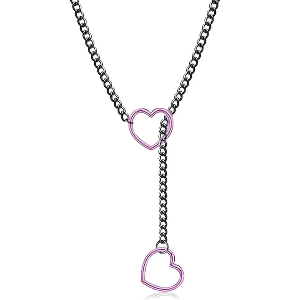 ZAKOL Adjustable Stainless Steel Cuban Link Necklace Hollow Heart Y-Shaped Necklace Punk Rock Style Party Accessories