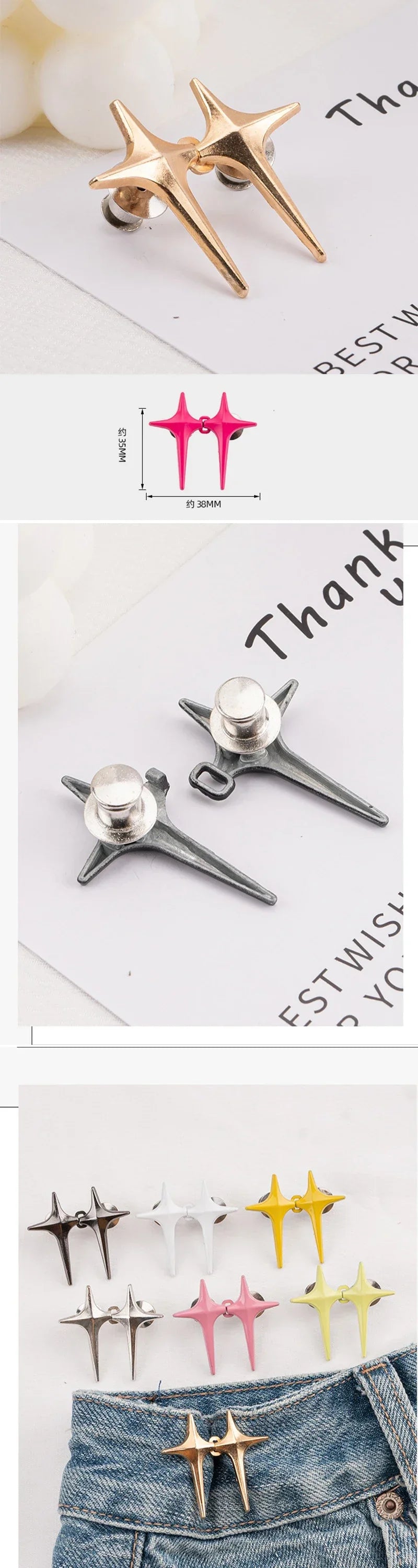 1Pair Cross Star Waist Buckle Adjustable Detachable Pants Clips Waist Tightener Nail-free Metal Button Snaps for Jeans Decor