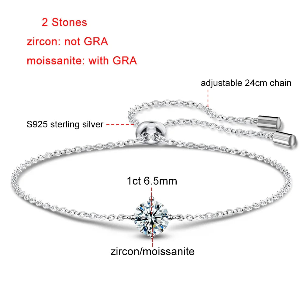 Certified 1CT Moissanite Solitaire Bracelets for Women Real Silver S925 Classic Lab Diamond Adjustable Wrist Chain Jewelry Men