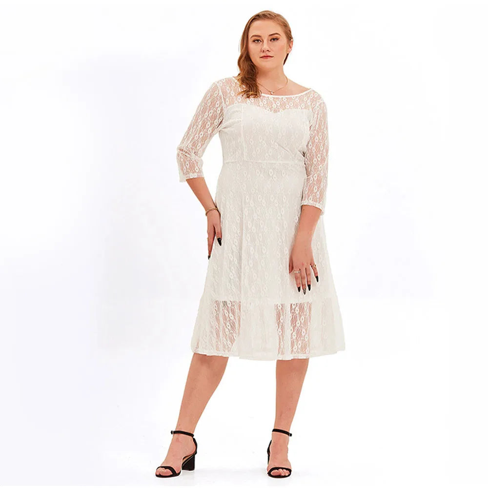 White Plus Size Dresses For Women 2023 Elegant Formal Lace Half Sleeve Midi Sexy Dress For Wedding Casual Loose Evening Dresses