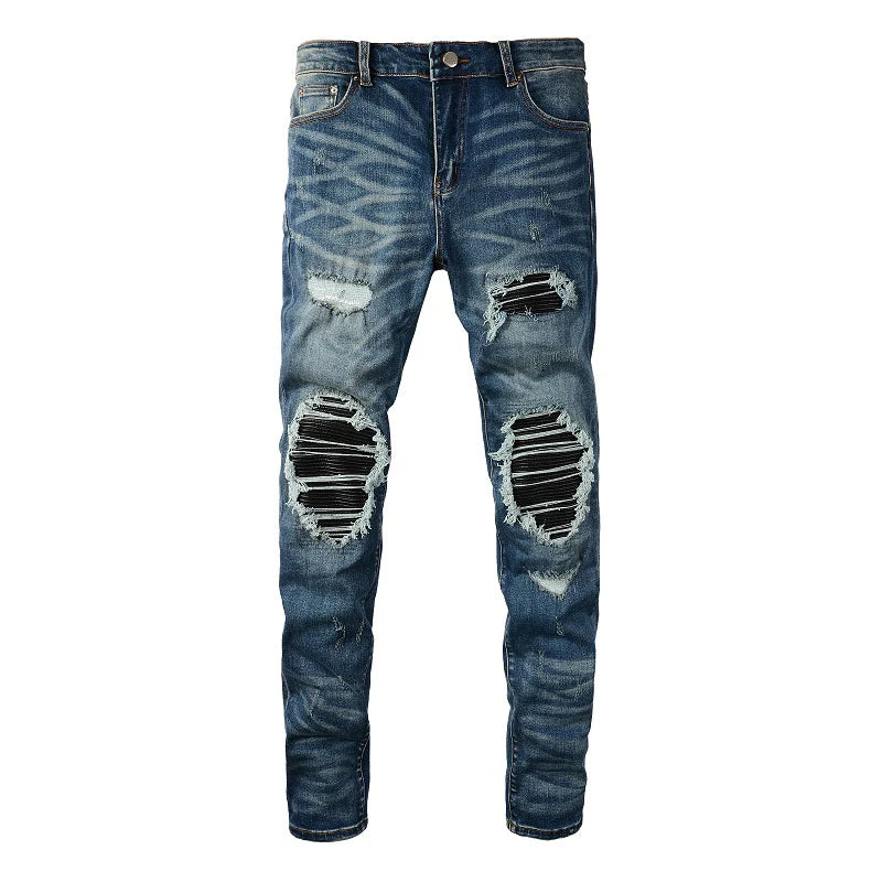 Men Leather Patch Biker Jeans Skinny Tapered Stretch Denim Blue Pants Streetwear