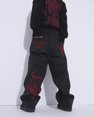Harajuku denim skull embroidery jeans men's American style high street straight