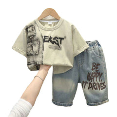 Boys Summer Clothing Set Letter Print Short Sleeved T-shirt+Denim Shorts 2Pcs Suit For 2-8 Years Kids Handsome Casual Outfit