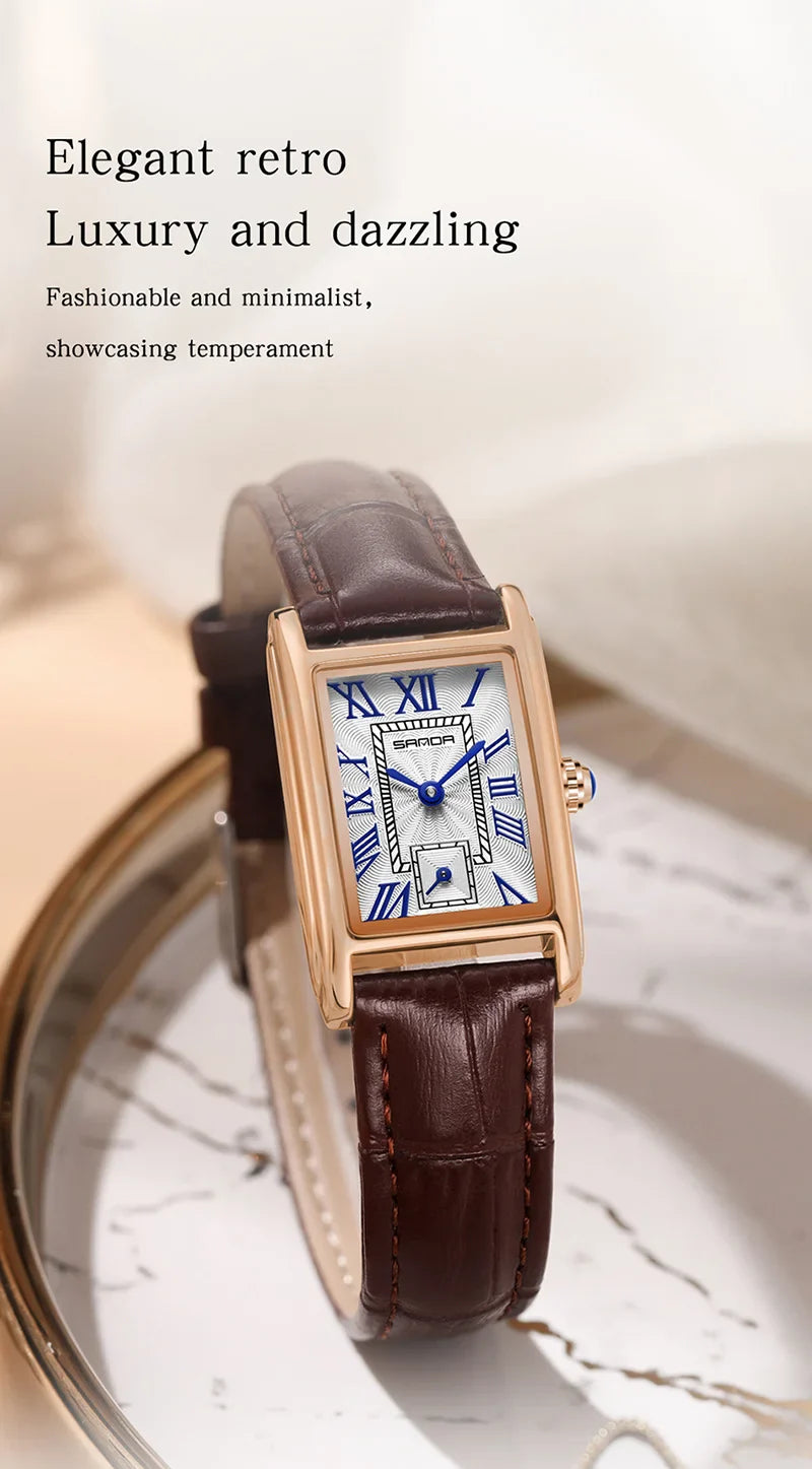 SANDA 1116 Quartz Watch Women Elegant Design Watches Rectangle Dial Waterproof Steel Leather Business Ladies Wristwatches Gift