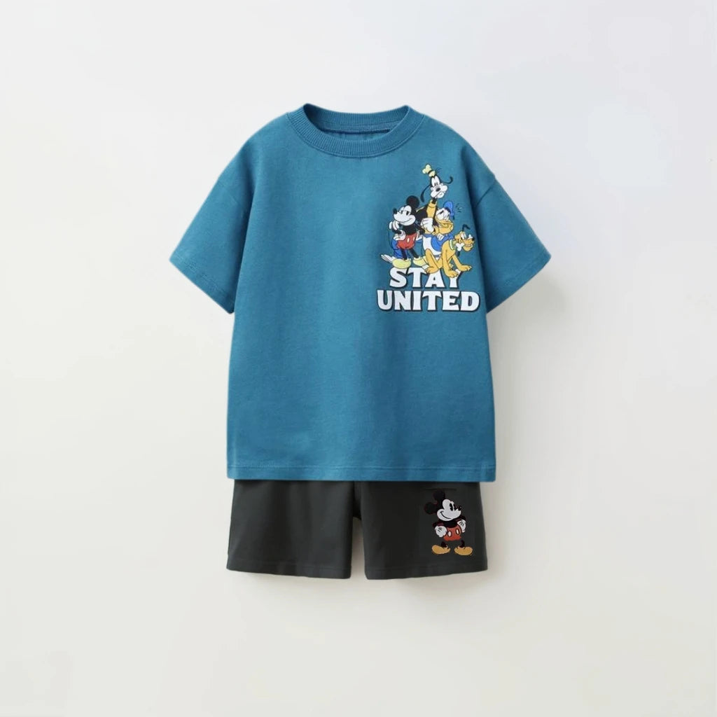 Kids Fashion Stes Casual Colthes Printing Tops+ Solid Color Shorts Loose Costume Two Piece Summer Boys Girls Clothing O-neck Tee