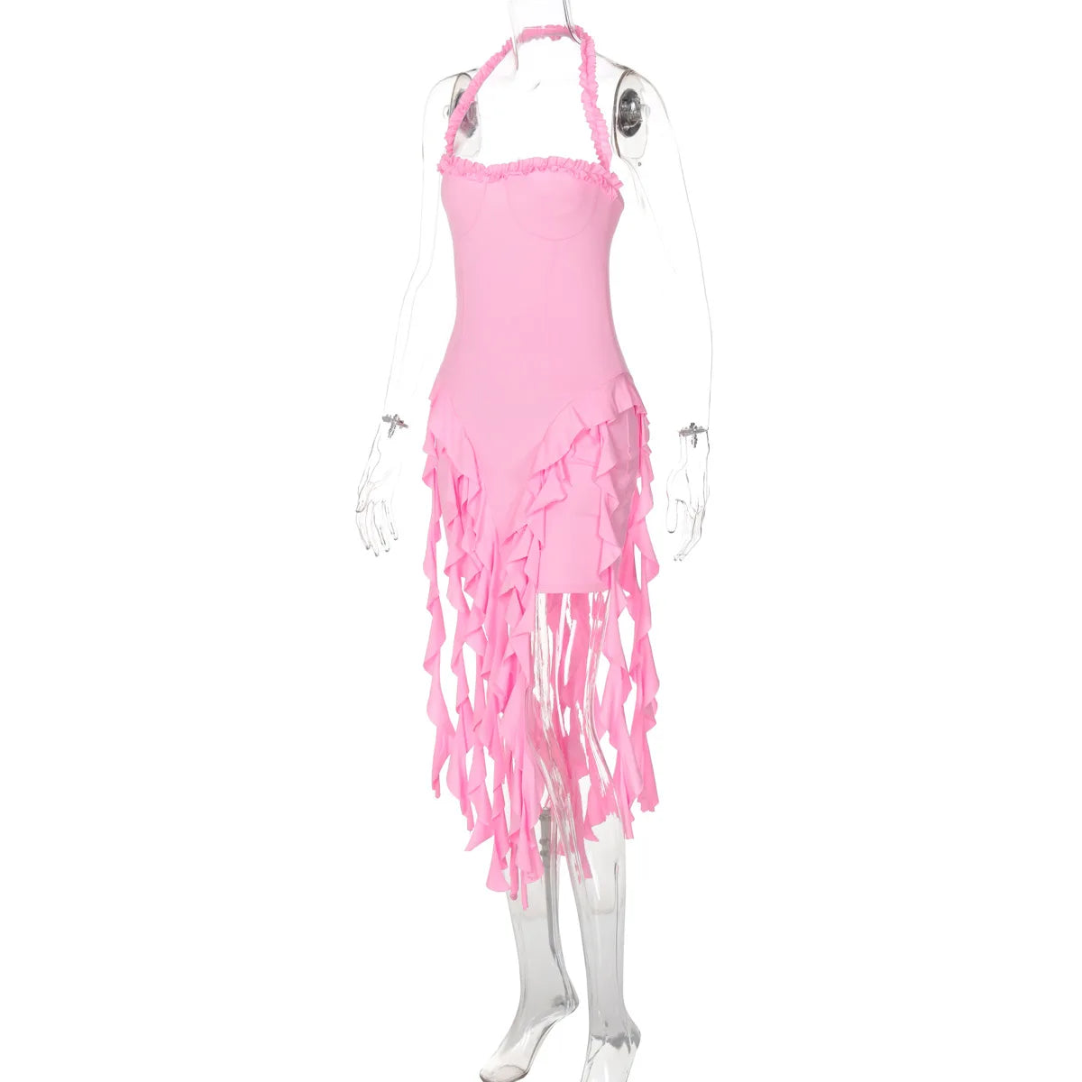 Hugcitar Elegant Halter Solid Ruffles Backless Taseel Sexy Slim Mini Dress Spring Women Cute Outfits Birthday Party Vacation