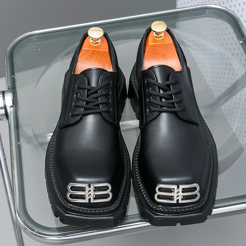 Fashion Square Toe Italy Black Leather Shoes Men Formal Dress Oxford Men Footwear Casual Party Shoes Thick Bottom Derby Shoes