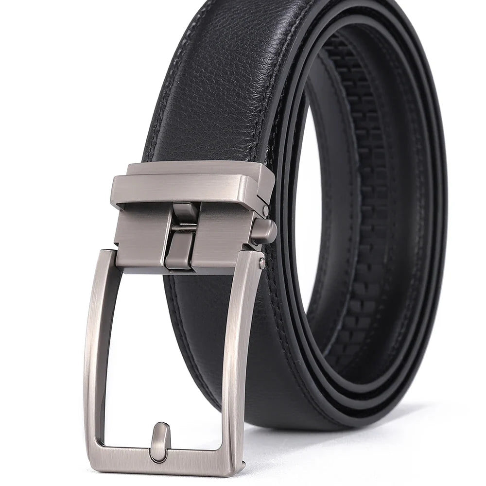 Men's Automatic Buckle Leather Belt, Cowhide, Fake Pin Buckle, No Holes, Fashion, New
