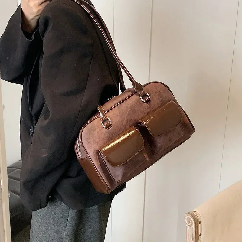 Womens Shoulder Bag Soft Suede with PU Leather Bowling Handbag Casual