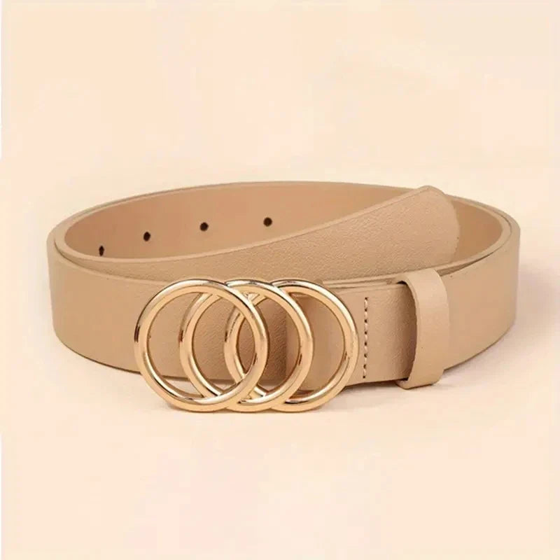 Golden Triple Ring Buckle Belts Simple Solid Color PU Leather Waistband Classic Jeans Pants Belt Dress Coat Girdle For Women