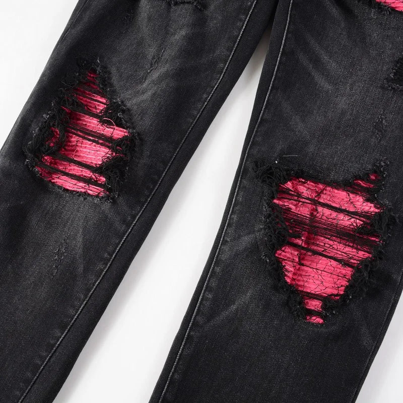 Men Cracked Leather Patch Biker Jeans Streetwear Pleated Patchwork Holes Ripped