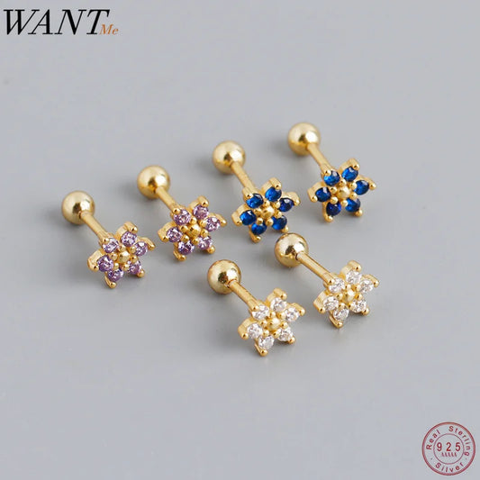 WANTME 925 Sterling Silver Fashion Korean Petal Screw Bead Stud Earrings for Women Charm Ear Bone Piercing Jewelry Accessories