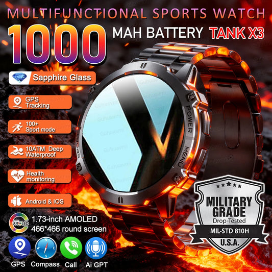 GPS High End Sport Watch 1000mAh Large Battery Waterproof Durable X3 Smart Watch Men Call Smartwatch Bracelet for Android iOS
