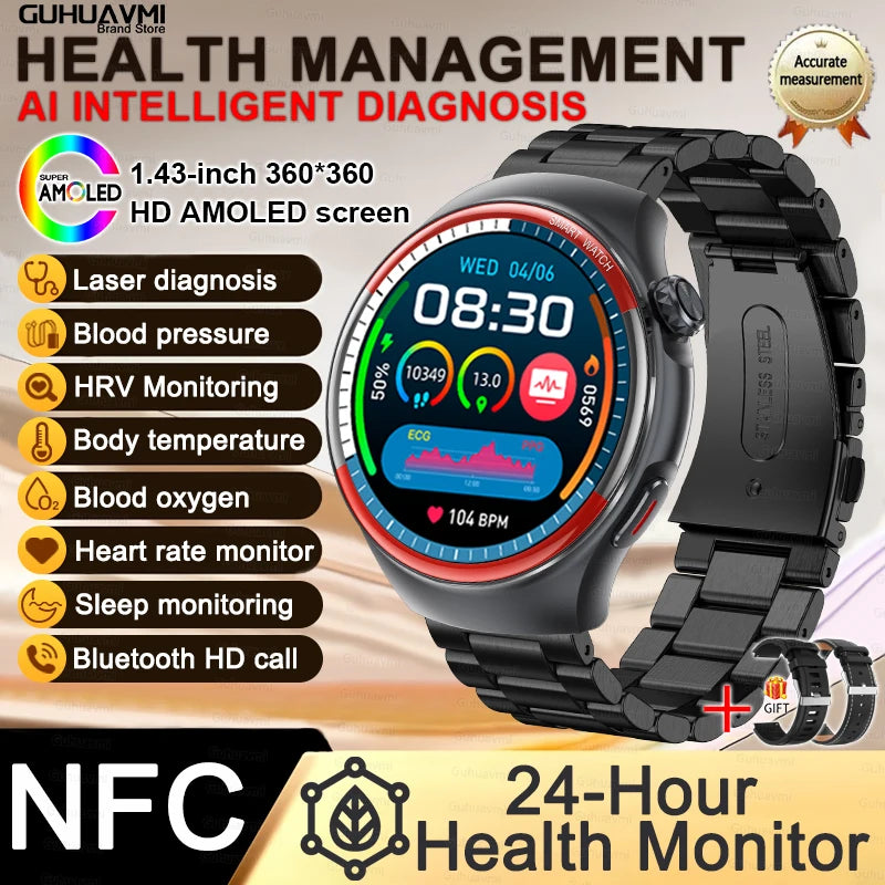 Sapphire Glass Laser Detection Health Smartwatch Men Precise Heart Rate Blood Pressure 150+Sports Bluetooth Call NFC Smart Watch