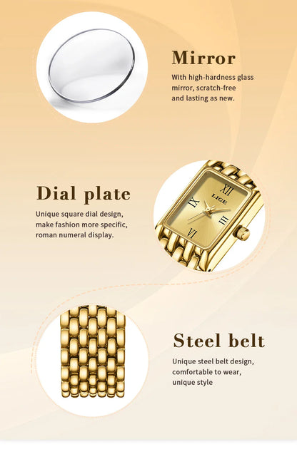 LIGE 2025 New Gold Women's Watch Luxury Quartz Watch Stainless Steel Bracelet Retro Fashion 30M Waterproof Watch for Women reloj