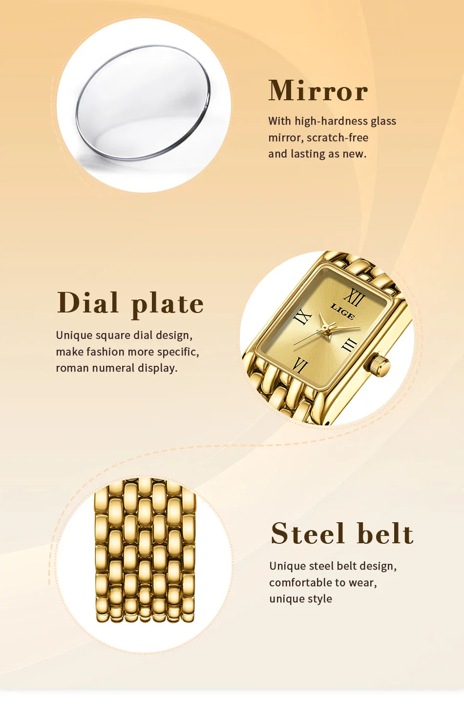 LIGE 2025 Fashion New Gold Women's Watch Luxury Quartz Watch Stainless Steel Bracelet Retro 30M Waterproof Watches Women reloj