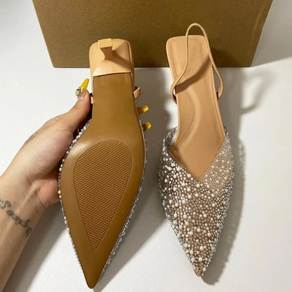 2024 Summer Women's High Heeled Sandals Transparent Pointed Toe Elegant Ladies Fashion Shoes Pearl Decoration Slingback Sandal
