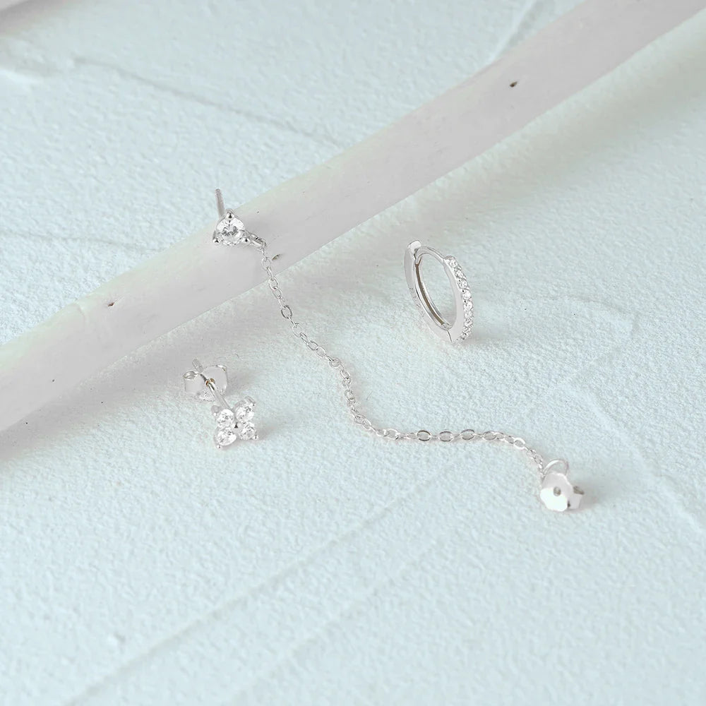 LENNIK 925 Sterling Silver 3pcs/set Cute Chians Stud Earrings Set Fashion Zircon Crystal Women Girls Gift Fine Jewelry Set
