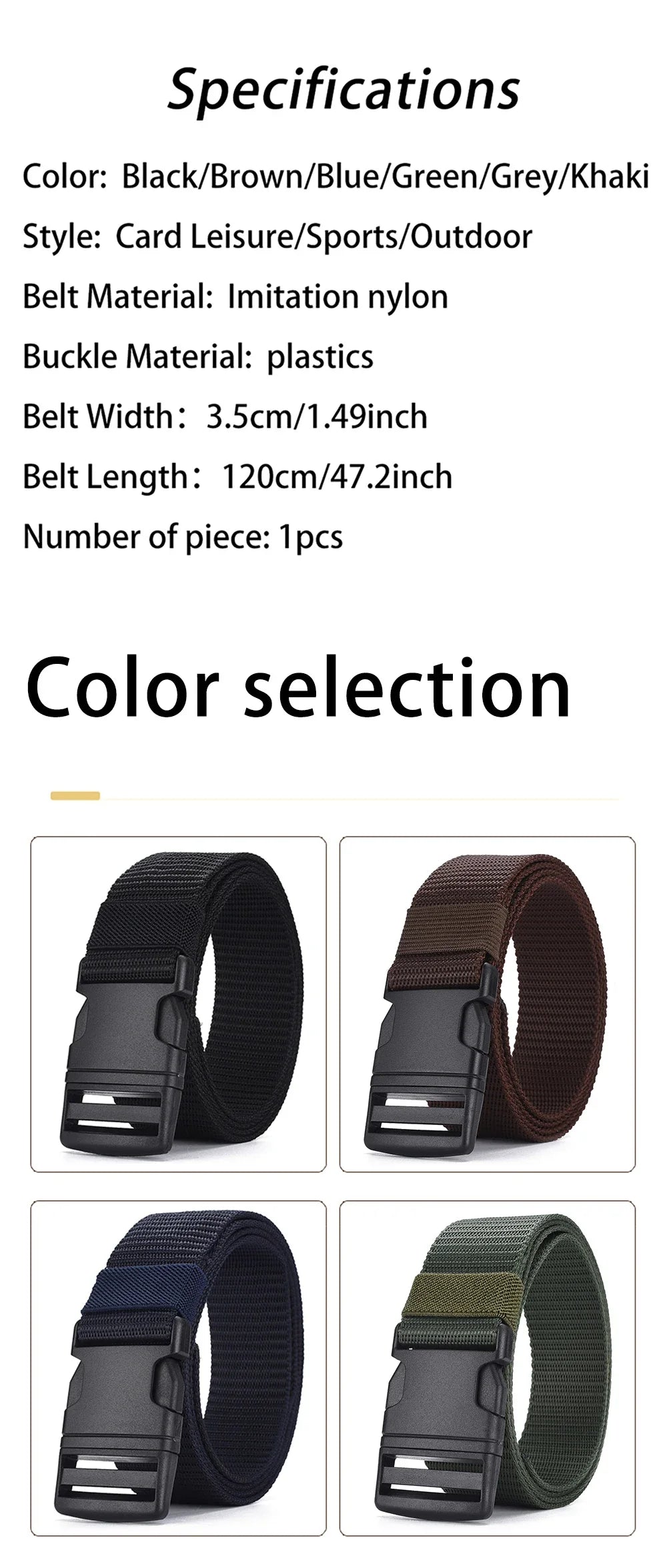Men's Outdoor Tactical Belt - No Metal Buckle (Plastic), Nylon Canvas Woven, Heavy Duty High Quality Webbing