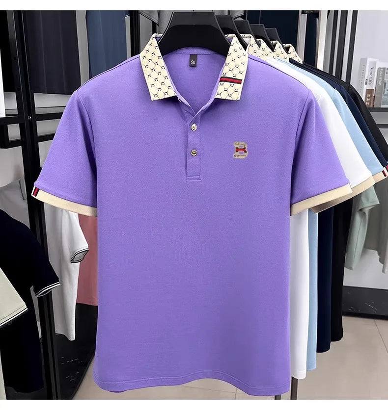 Luxury brand B letter embossed short sleeve polo shirt men summer lightweight breathable new fashion color blocked lapel T-shirt
