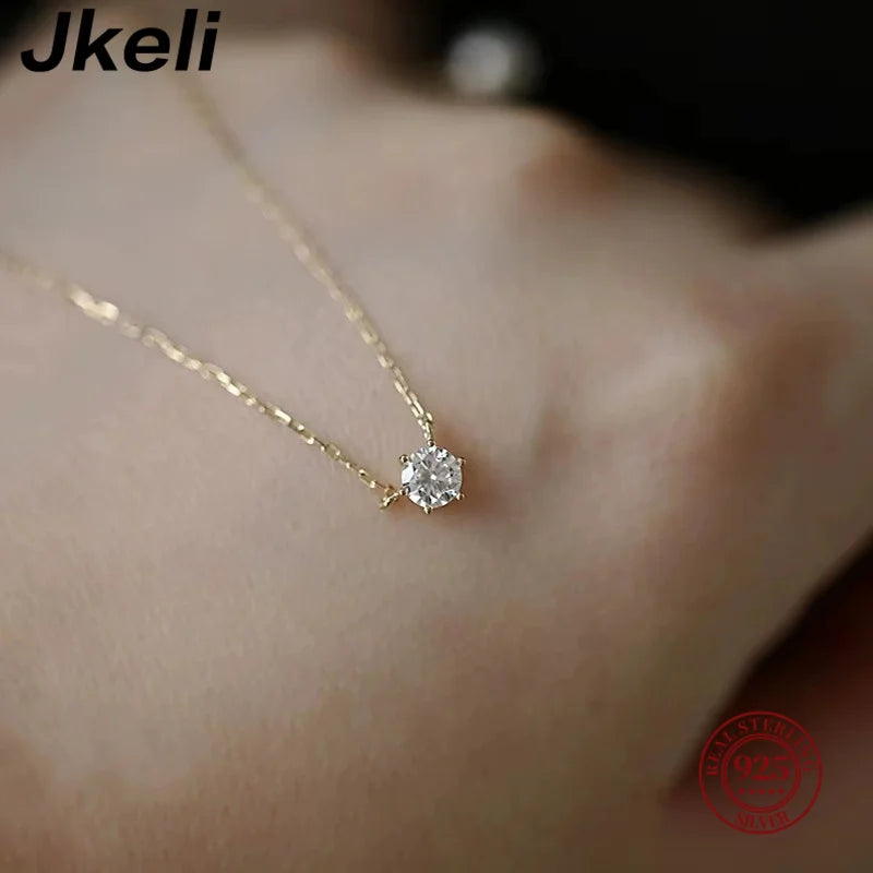 925 Sterling Silver 18k Gold Plated Necklace Single Sparkling Zircon Clavicle