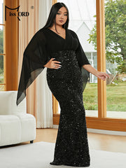 Missord Women Black Plus Size Evening Dress Elegant V-neck Flare Sleeve Sequin Slit