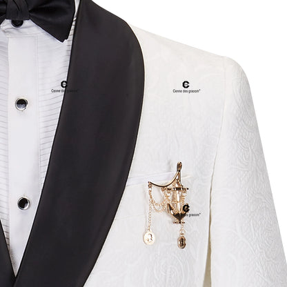 Tuxedo for Mens: Men Suits Black and White Floral Paisley Tuxedo Pants Double Breasted