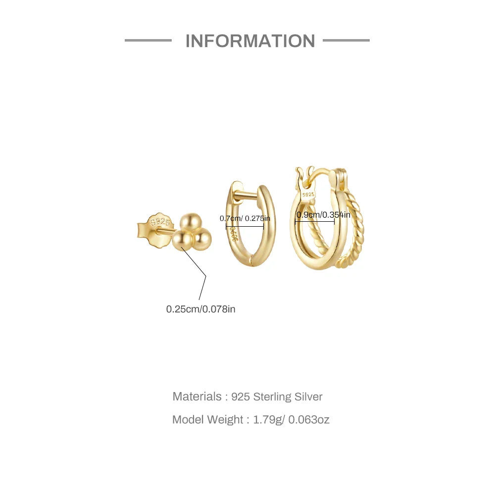 CANNER 925 Sterling Silver 3PCS Zircon Double Layer Hoop Earrings For Women Minimalism Ins Earrings Fine Jewelry Party Gift
