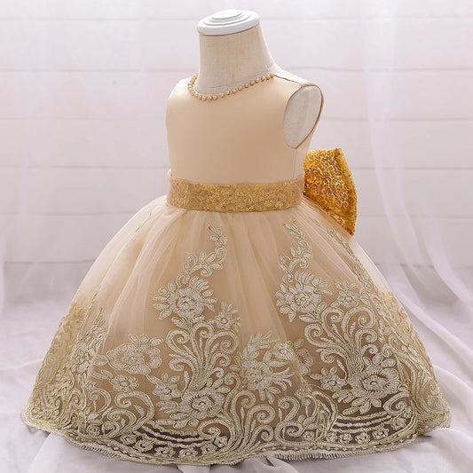 Summer Sequins Bow Baby Girl Dress Gold 1st First Birthday Princess Wedding Kids Party Dresses For Girl Bridesmaids Evening Gown