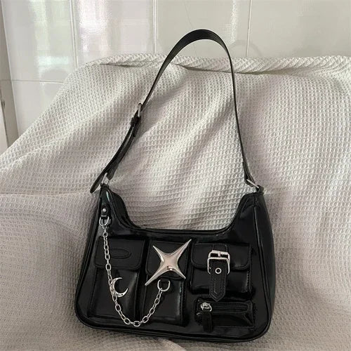 Y2k Womens Shoulder Bag Harajuku Fashion Gothic Casual Black Chains