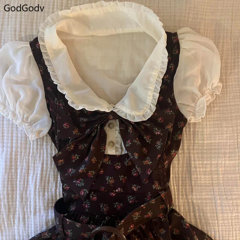 Spring Sweet Vintage Elegant Woman Dress Y2k Puff Sleeve High Waist Fake 2 Piece Mini Dress Female Doll Collar Chic Outfits 2025