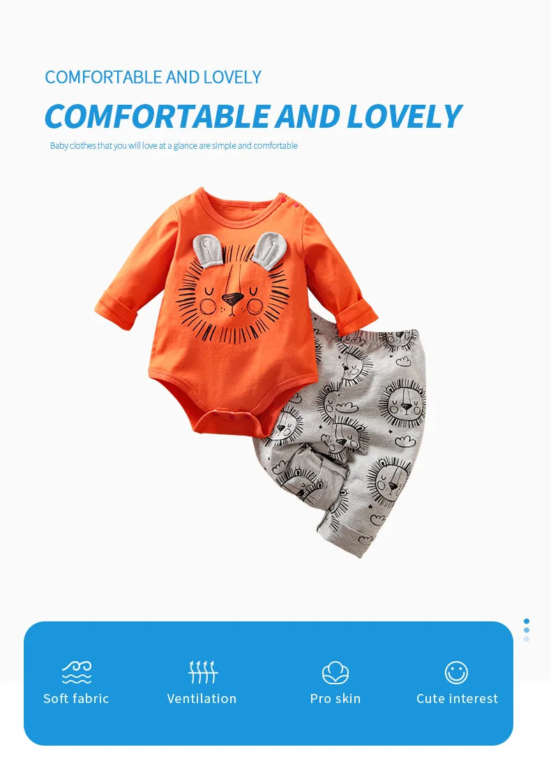 Animal - Orange lion print long sleeve with pants cotton fashion set，0-18 months Newborn Baby boy Spring and Autumn Round Neck