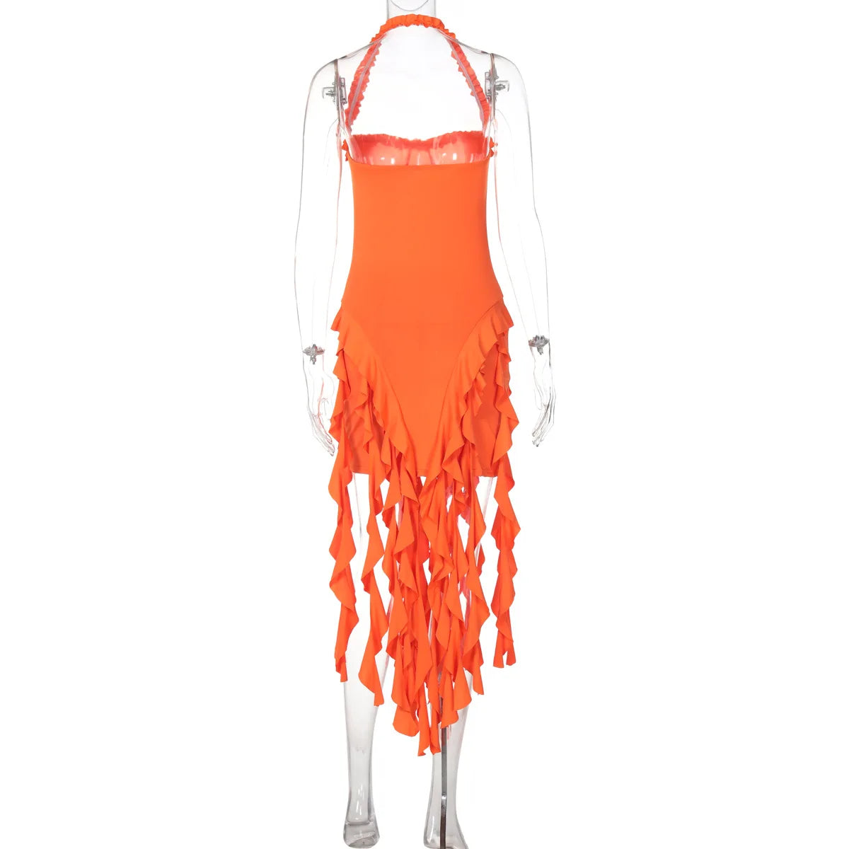 Hugcitar Elegant Halter Solid Ruffles Backless Taseel Sexy Slim Mini Dress Spring Women Cute Outfits Birthday Party Vacation