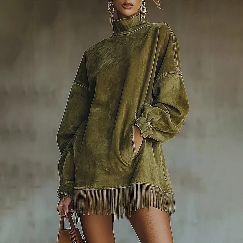 Retro Suede Tassel Women Mini Dress High Neck Long Sleeve Pockets Fringe Hem Party Dress American Retro Autumn Street Dress