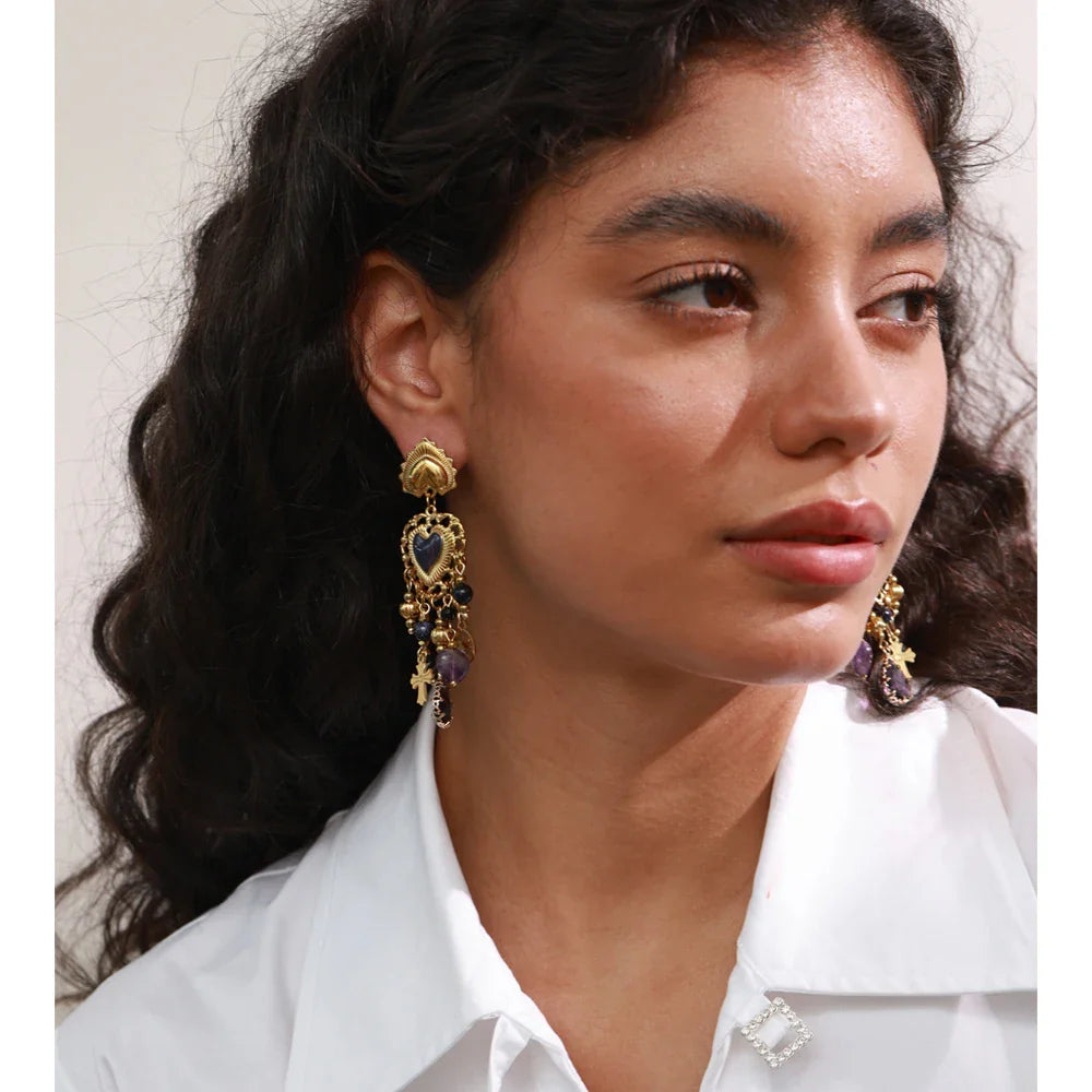 Yhpup Vintage Stainless Steel Heart Cross Key Charm Pendant Drop Earrings Golden Plated Crystal Resin Stone Waterproof Jewelry