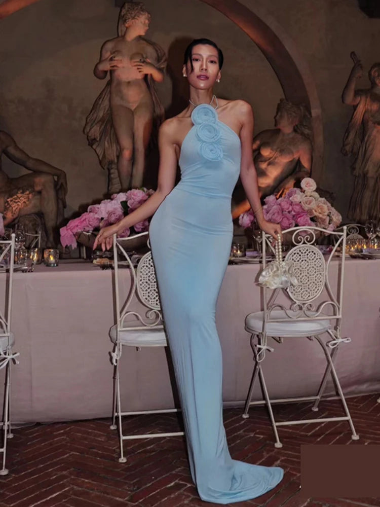 Formal attire Dresses: Bodycon Long Dress Women Light Blue Sleeveless Lace-up