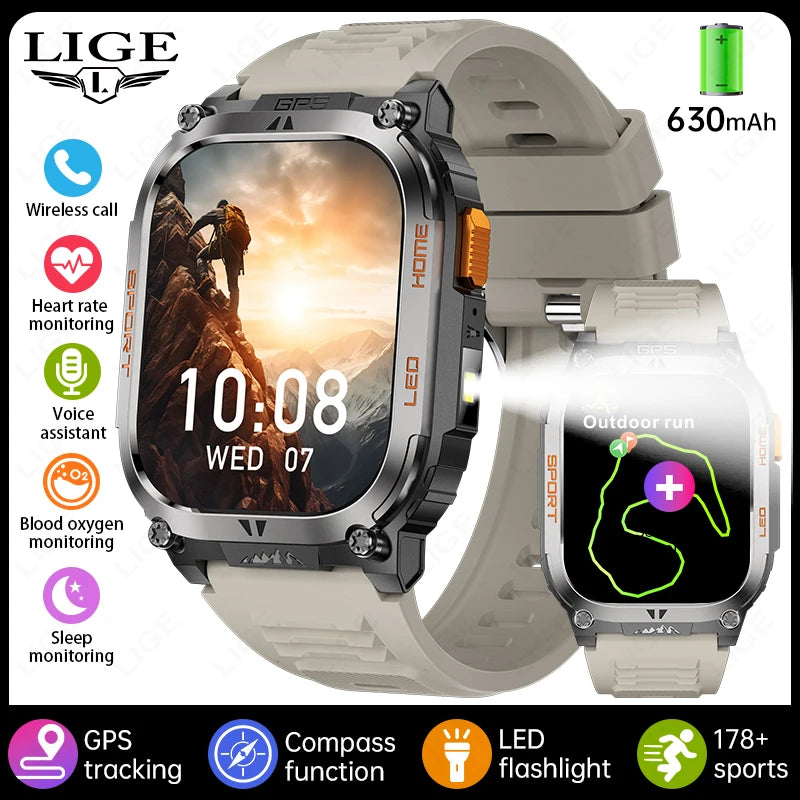 2025 New GPS Tracker Smart Watch Men LED Flashlight 1.96'' HD Screen Compass Watches Bluetooth Call Waterproof Sports Smartwatch