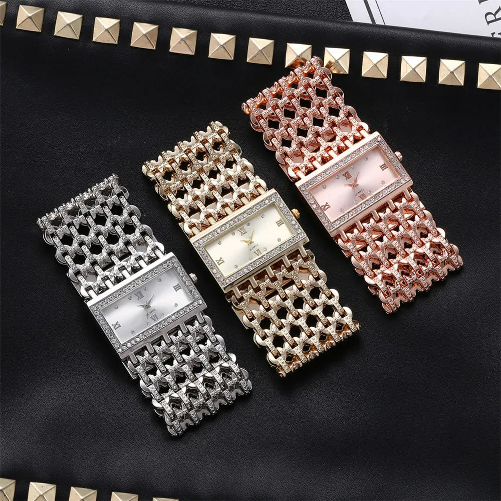 Luxury Ladies Simple Diamond Set Square Bracelet Quartz Watches Fashion Gold Stainless Steel Skeleton Women Clock Dress Watch
