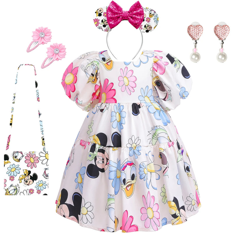 Mickey Mouse Donald Duck Cartoon Print Dress for Baby Girls Cute Floral Casual Frock Chic Kid Fashion Loose Summer Vestidos Robe