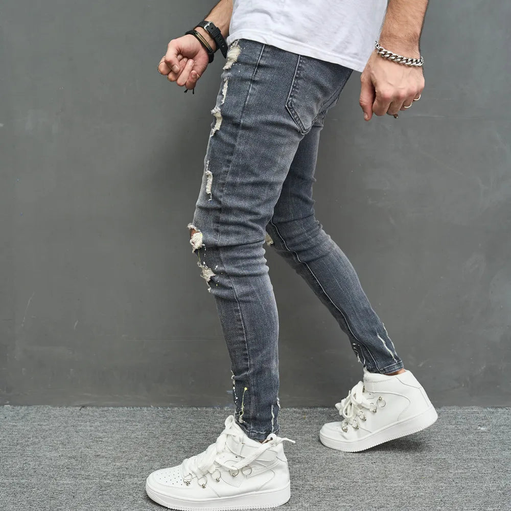 Men Stylish Ripped Skinny Pencil Jeans Pants Streetwear Male Hip Hop Holes