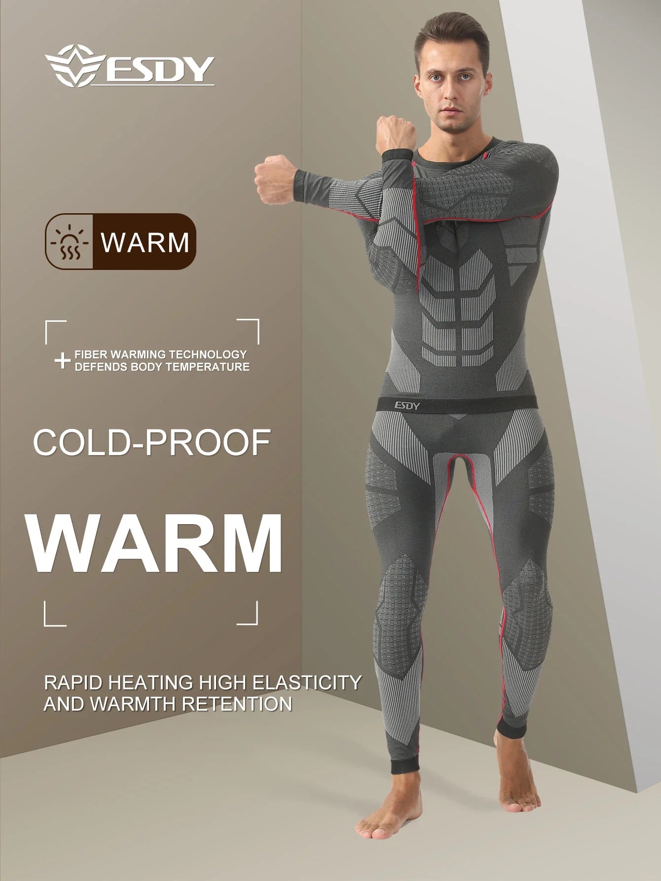 Esdy 1 Set of Men's Sports Compression Thermal Suit Winter Thermal Compression Long-Sleeve Long Pants Breathable High-Elastic Cold-Proof Sports Suit Winter Outdoor Sports Climbing Fishing