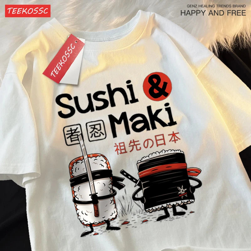 Theduc Sushi And Sushi Printing Men Women Tshirt Cotton T-Shirts Loose T Shirt Crewneck Loose Tops Fashion Clothes Unisex
