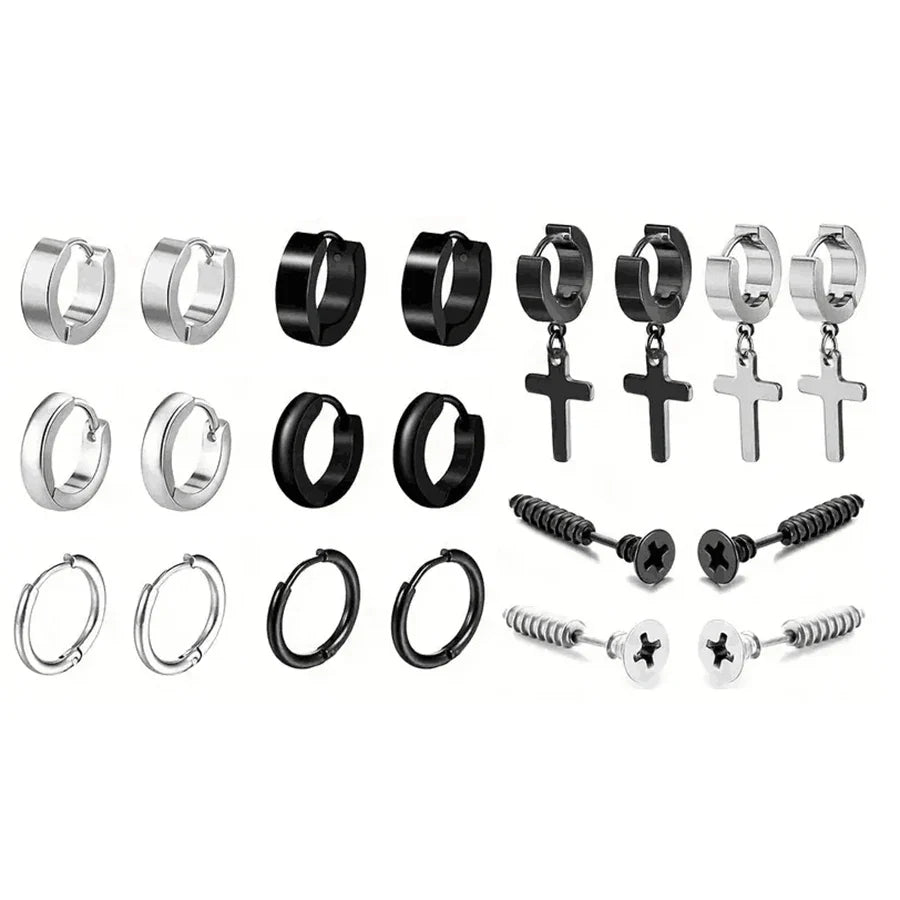 Simple Stainless Steel Zircon Stud Earrings For Men, Cross Pendant Hoop Earrings For Daily Wear