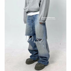 Blue Baggy Jeans For Men Women Big Hole Ripped Mopping Flared Denim Pants