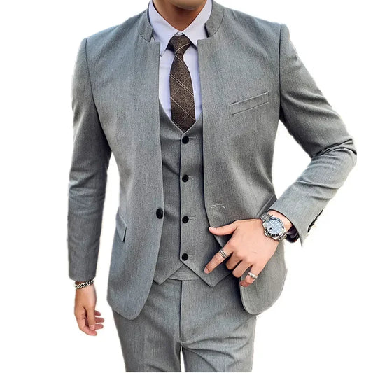 Men's Stand Collar One Button Coat Pants Vest Fashion Trend Groomsman Slim 3 Pieces Suits Blazers Jacket Trousers Waistcoat Set